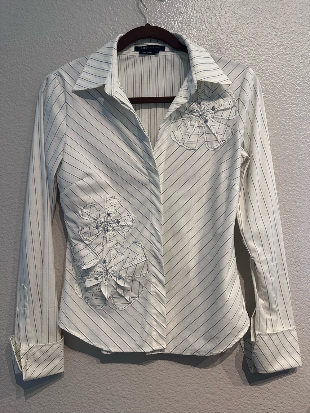 White Pinstripe Floral Applique Button-Front Shirt - BCBG Maxazria